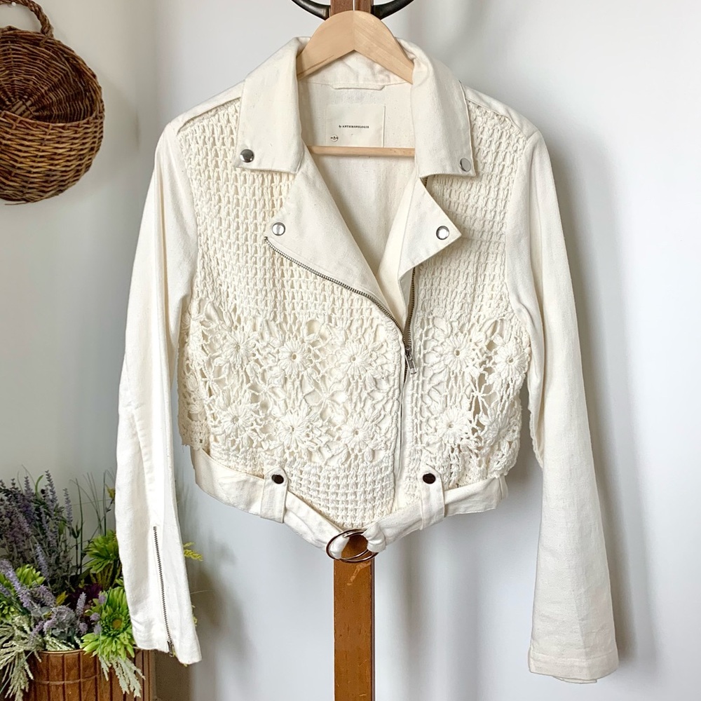 Anthropologie Crochet Linen Cotton Moto Bomber Jacket Off White SM